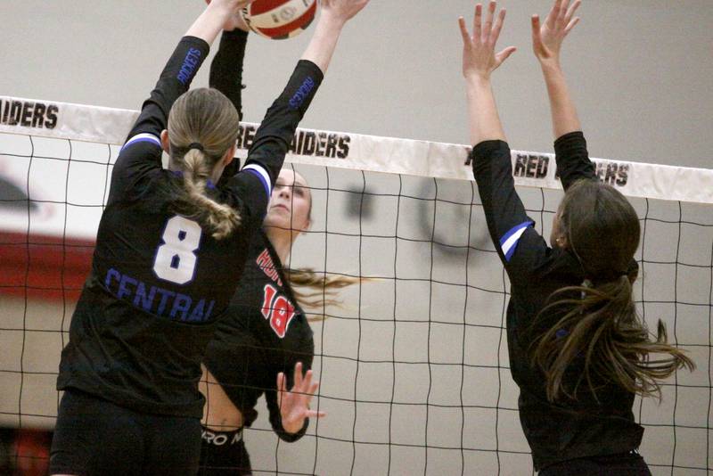 Huntley’s  Sienna Robertson hits the ball against Burlington Central in varsity volleyball at Huntley High School in Huntley on Thursday, Oct. 24, 2024.