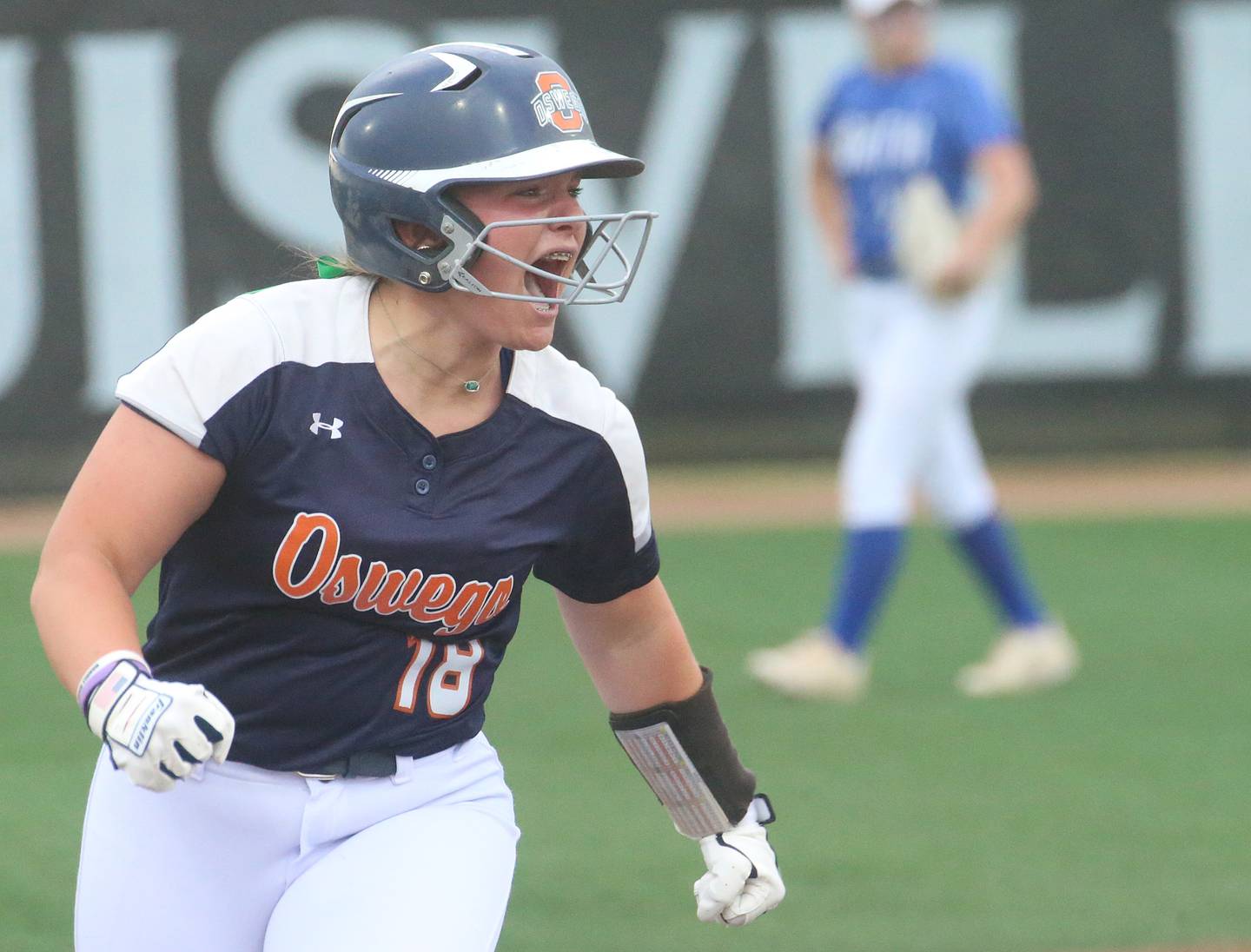 Oswego's Natalie Muellner reacts after rounding third base while hitting a solo homerun to tie the game in the 7th inning against St. Charles North during the Class 4A semifinal game on Friday, June 7, 2024 at the Louisville Slugger Sports Complex in Peoria.