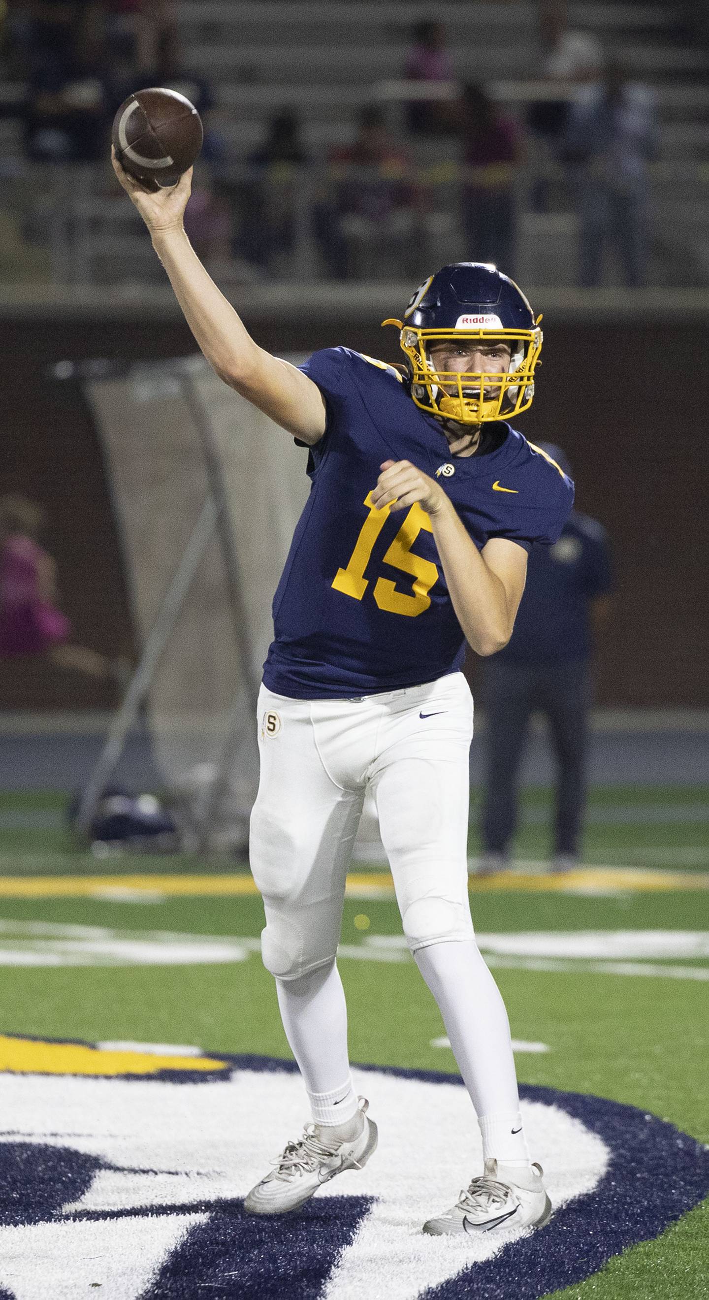 Sterling’s Gavin Terrock fires a pass against Alleman Friday, Oct. 3, 2025.