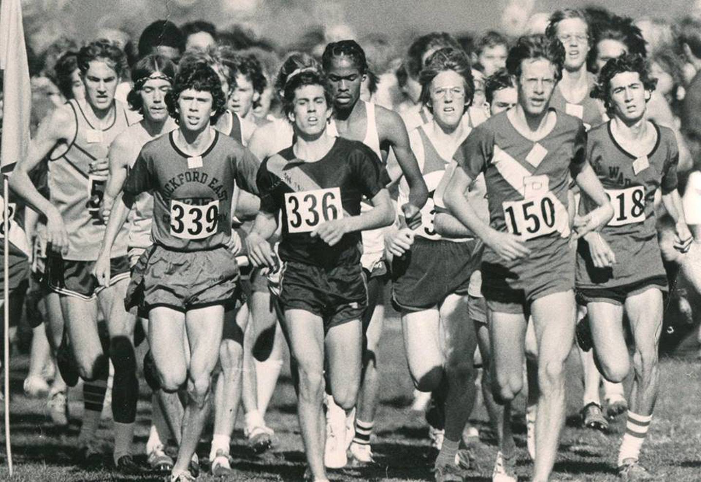 Princeton's Pat Hodge (150) runs in the 1975 IHSA State cross country meet.