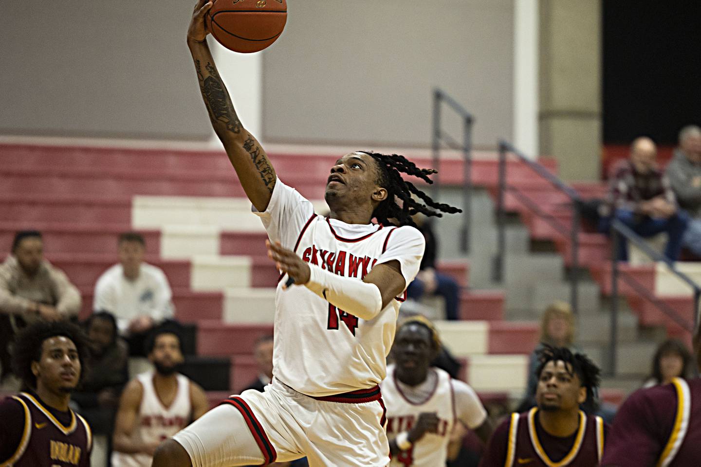 Sauk Valley’s Jordan Brown goes to the hoop against Indian Hills hursday, Jan. 11, 2024 at SVCC.