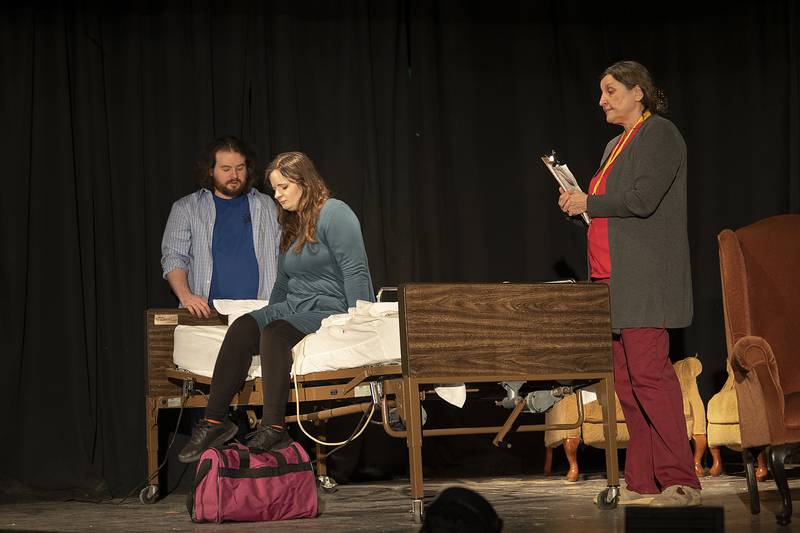 Joel Megill (left), Rebekah Megill and Patty Stauffer rehearse a scene from Polo Area Community Theatre’s The Tin Woman Wednesday, Feb. 19, 2025. Rebekah plays the part of Joy who receives a heart transplant from Jack, played by Joel, who’s spirit touches all the characters in the play.