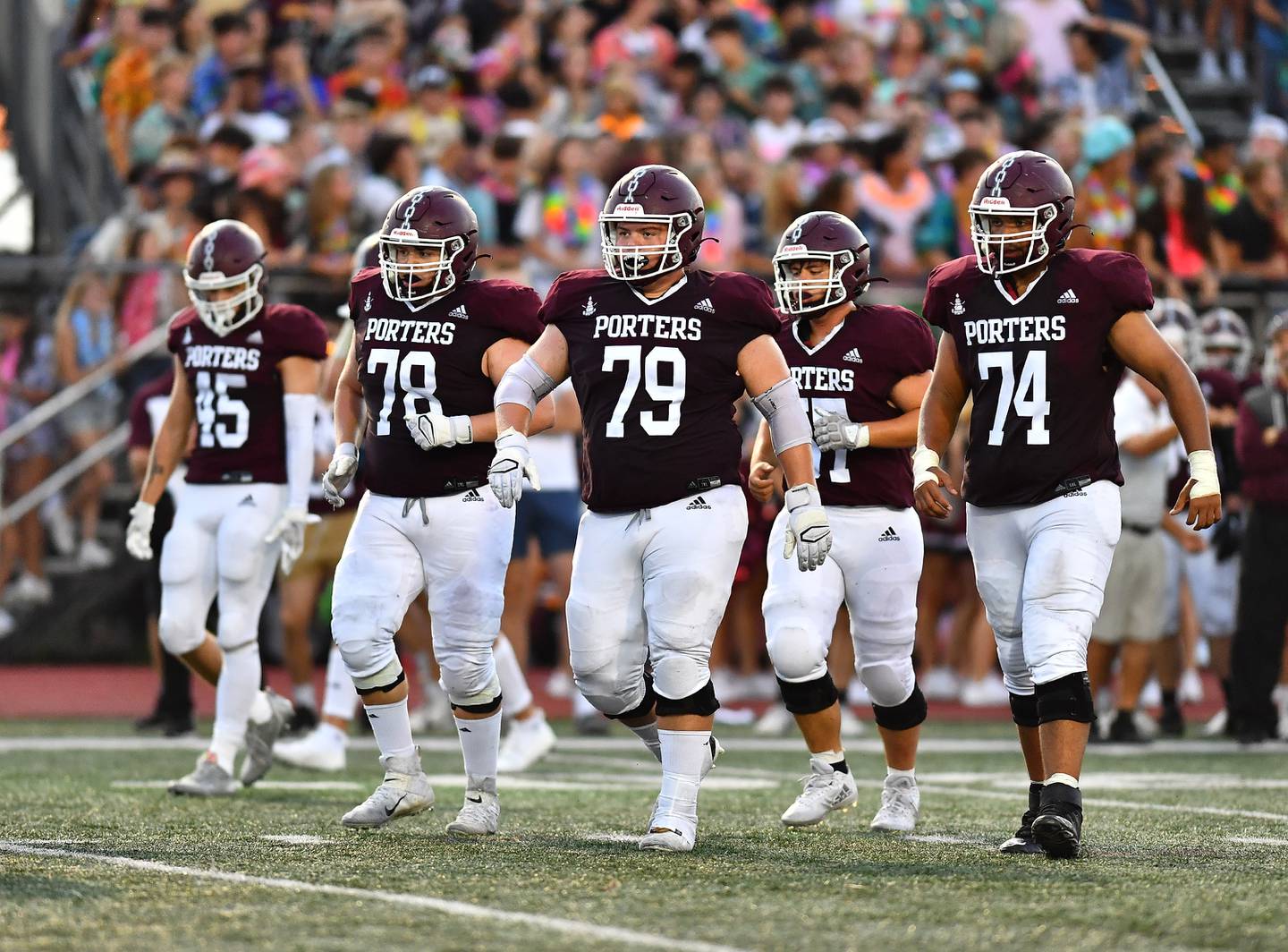Lockport's offensive linemen coming to the line of scrimmage  during the non-conference game between Lockport and Joliet West on Friday, Aug. 26, 2022, at Lockport High School in Lockport.