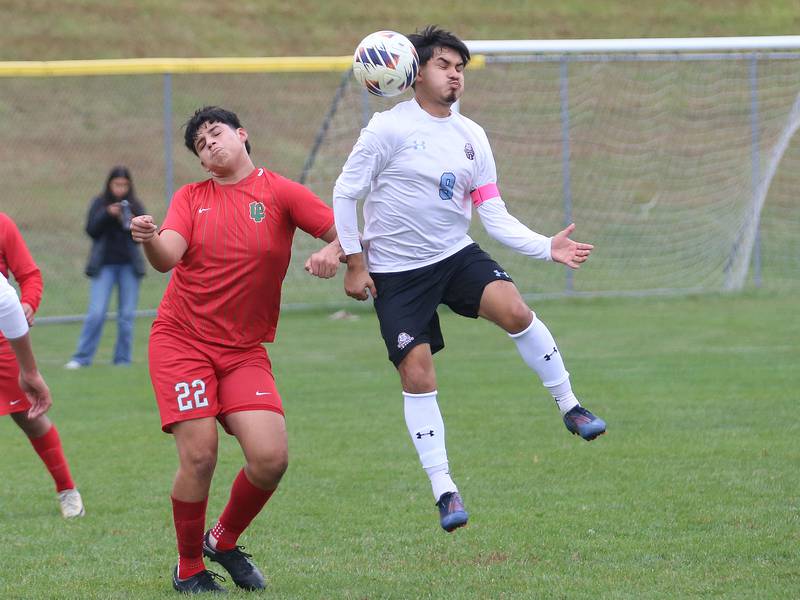 Kankakee's Joseph Andrade puts a header on the ball over L-P's Damian Cortes during the Class 2A Regional title game on Saturday, Oct. 25, 2025 at Ottawa High School.