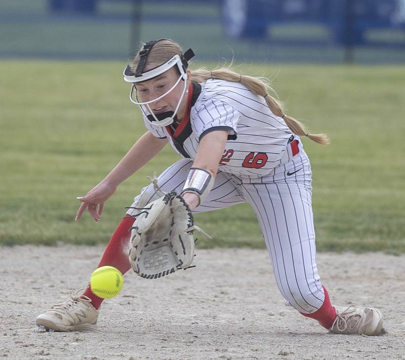 Fulton’s Brooklyn Vogel comes up short on a grounder against Newman Tuesday, May 19, 2026, at the Class 1A softball regionals at Newman.