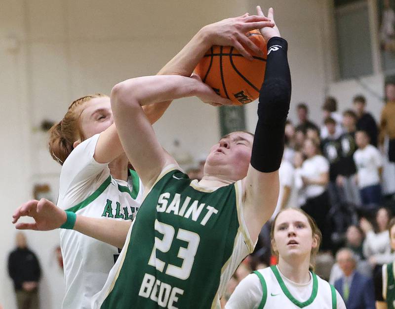 St. Bede's Lili McClain has her shot blocked by Alleman's Emilye Polich during the Class 2A Regional finals on Thursday, Feb. 19, 2026 at St. Bede Academy.