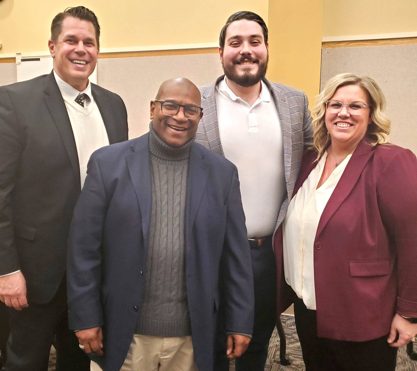 (From left) DeKalb County Administrator Brian Gregory, newly elected DeKalb County Board Ellingsworth Webb, a Democrat who represents the northwest side of the city of DeKalb in District 9; DeKalb County Administrative Analyst Liam Sullivan and DeKalb County Clerk and Recorder Tasha Sims. Webb was elected to the chair position in a special meeting Wednesday, Feb. 28, 2023 at the Legislative Center in Sycamore.