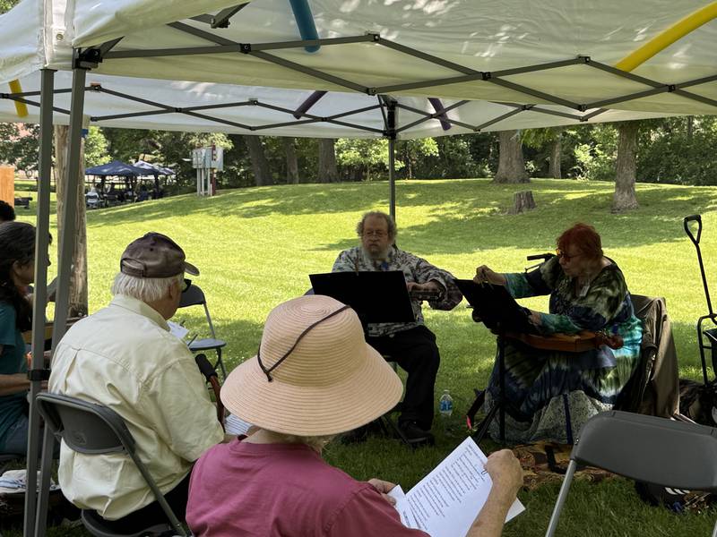 February Sky, a dulcimer-playing band, teaches how to play the dulcimer outside of typical keys at the HANDS of Illinois Hammer and Dulcimer Festival on Saturday, June 14, 2025.