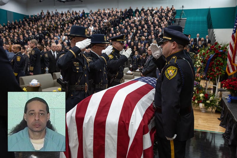A funeral service for McHenry County Sheriff's Deputy Jacob Keltner is held at Woodstock North High School on Wednesday, March 13, 2019. Inset of Floyd E. Brown, who is charged with killing Keltner and attempting to kill another three other members of the Marshals Service task force.