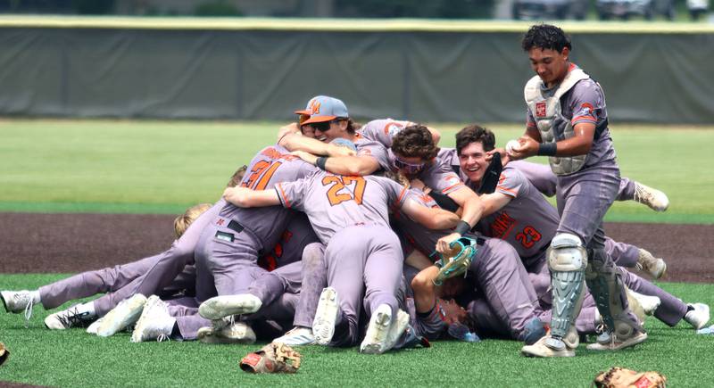 McHenry’s Warriors celebrate a win over  Barrington in IHSA Class 4A Sectional Title Game baseball action at McHenry High School in McHenry on Saturday, June 7, 2025.