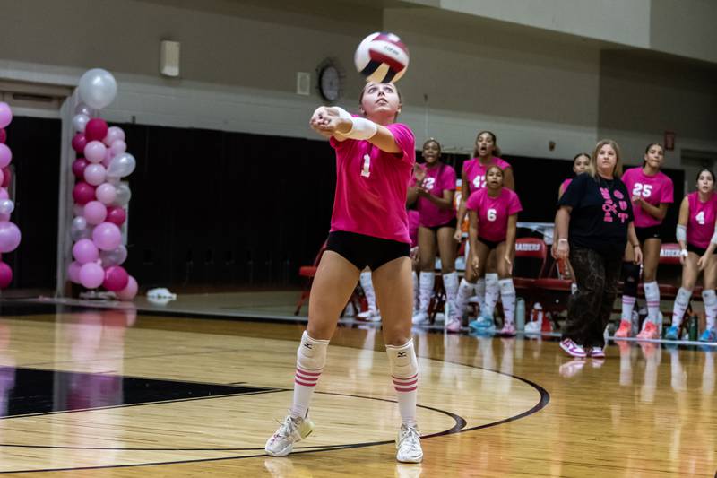 Bolingbrook's Carly Schopp passes to a teammate during a varsity volleyball game against Joliet West at Bolingbrook on Oct. 16, 2025.