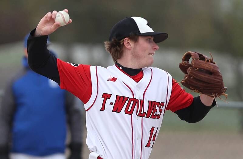 Indian Creek's Blake McRoberts fires a pitch during their game against Hinckley-Big Rock Monday, May 1, 2023, at Indian Creek High School in Shabbona.
