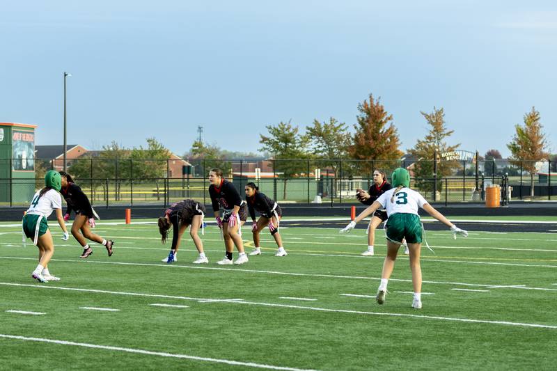 Plainfield Central and Yorkville face-off during the IHSA Danville Sectional varsity flag football game against Plainfield Central at Plainfield East on Oct. 13, 2025.