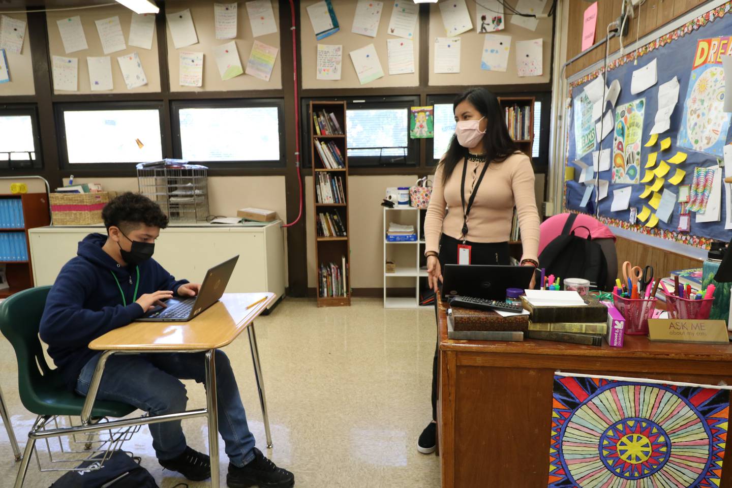 Joliet Public Schools District 86 welcomed three international teachers to the district at the start of the 2021-2022 school year. Katherine Avalos of Peru (right) is an English as a Second Language resource teacher at Gompers Junior High. Avalos is pictured with seventh grade student Jovany Galan.