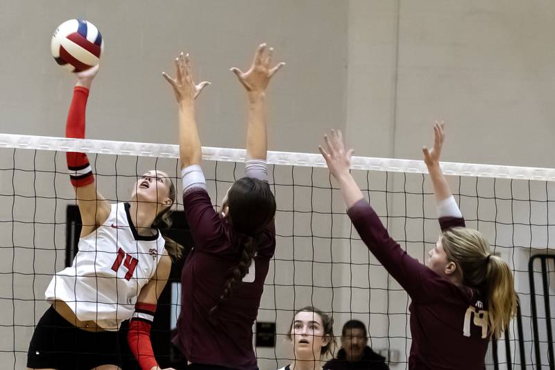 Lincoln-Way Central's Ella Thompson goes for a kill during a varsity volleyball game against Lockport at Lincoln-Way Central on Oct. 9, 2025.