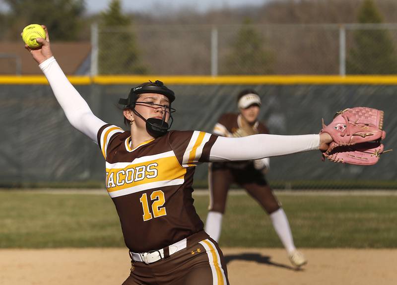 Jacobs' Skylee Ferrante throws a pitch during a Fox Valley Conference softball game against Prairie Ridge on April 8, 2026, at Prairie Ridge High School.