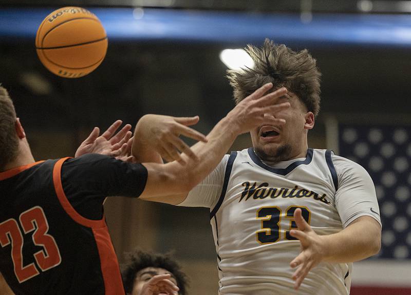 Sterling’s Maddux Osborn loses the ball against UT’s Tucker Speckman Tuesday, Jan. 14, 2025.