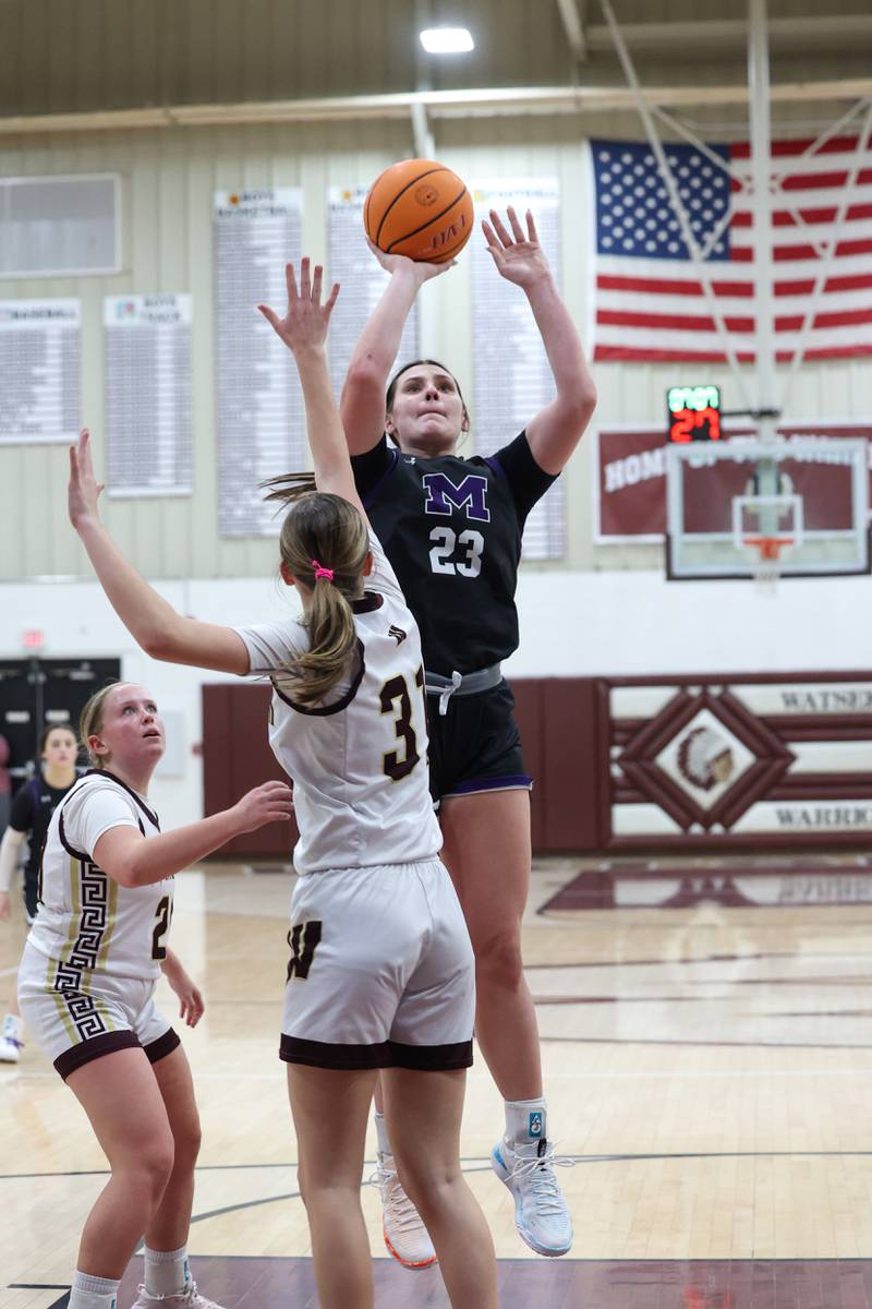 Manteno's Maddie Gesky shoots over Watseka/Milford's Thayren Rigsby during Manteno's 57-52 victory on Wednesday, Jan. 21, 2026.