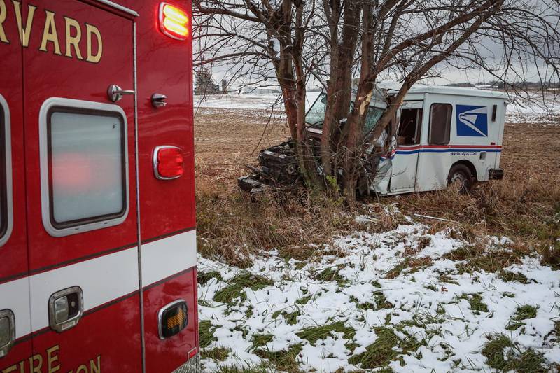 A U.S. Postal Service driver was seriously injured following a crash Wednesday, Nov. 16, 2022, where her postal truck struck a tree in the 16400 block of McGuire Road east of Harvard, a Harvard Fire Protection District spokesman said.