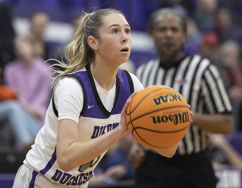 Dixon's Morgan Hargrove looks to put up a shot against Aurora Central Thursday, Dec. 26, 2024, during the Dixon Girl’s KSB Holiday Basketball Classic.