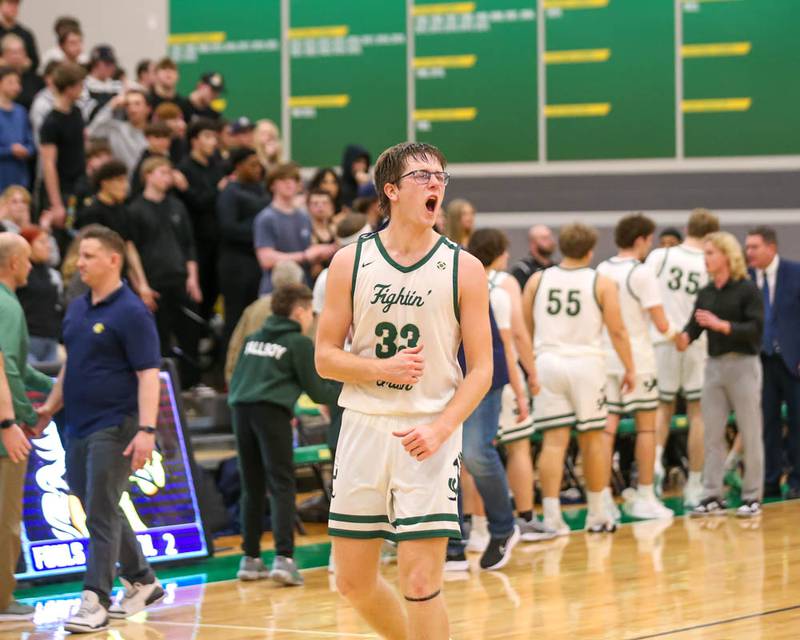 Bishop Mcnamara's Callaghan O'Connor (33) celebrates the win over Yorkville Christian for the Class 2A Seneca Sectional title, March 6, 2026 in Senaca.