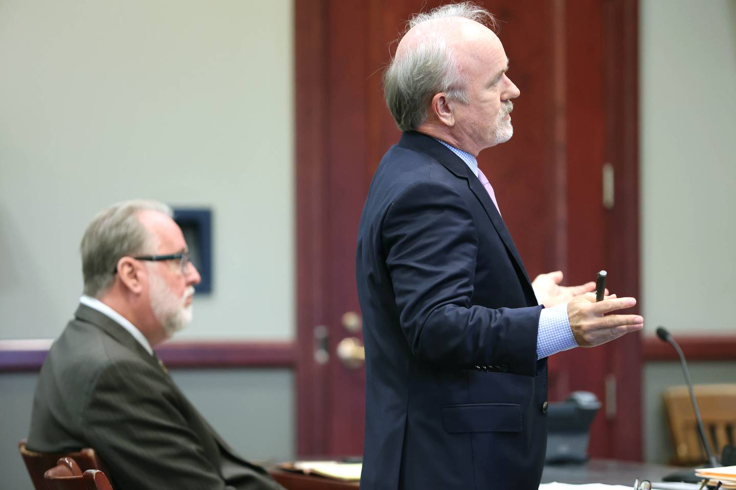 Defense Attorney Clay Campbell, (right) with his client, former DeKalb School District 428 Superintendent Douglas Moeller, makes his opening statement Wednesday, Oct. 5, 2022 at the DeKalb County Courthouse in Sycamore. Moeller was charged in April 2018 with non-consensual dissemination of private sexual images, a class 4 felony.