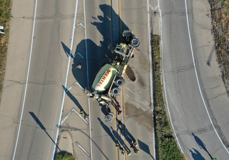 Emergency crews responded Wednesday, Nov. 15, 2023, to an overturned cement truck on Route 251 near the U.S. 6 interchange in Peru.