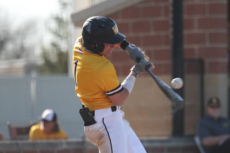 Joliet West’s Carl Karczewski connects on the inside pitch against Joliet Central on Monday, April 15, 2024.