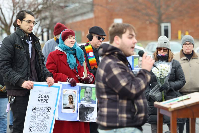 Residents and organizers listen as Dominic Compton, 21, of Bourbonnais speaks during an ICE Out for Good protest and vigil at The Grow Center in Bourbonnais on Sunday, Jan. 11, 2026. The event was planned in the wake of the shooting death of Renee Nicole Good by an ICE agent on Jan. 7 in Minneapolis, Minn.