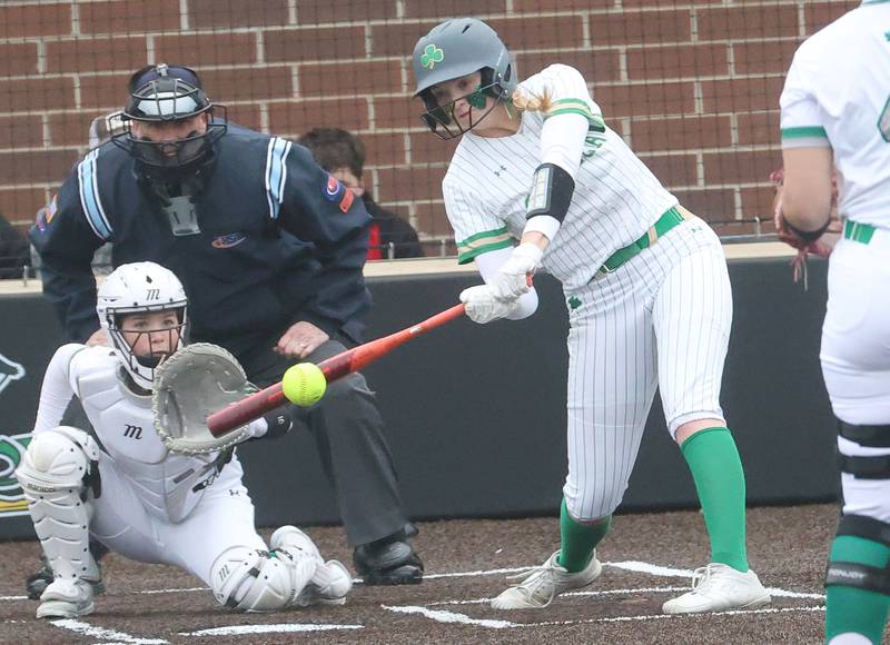Seneca's Tessa Krull makes contact with the ball against Geneseo on Thursday, March 12, 2026 at Seneca High School.