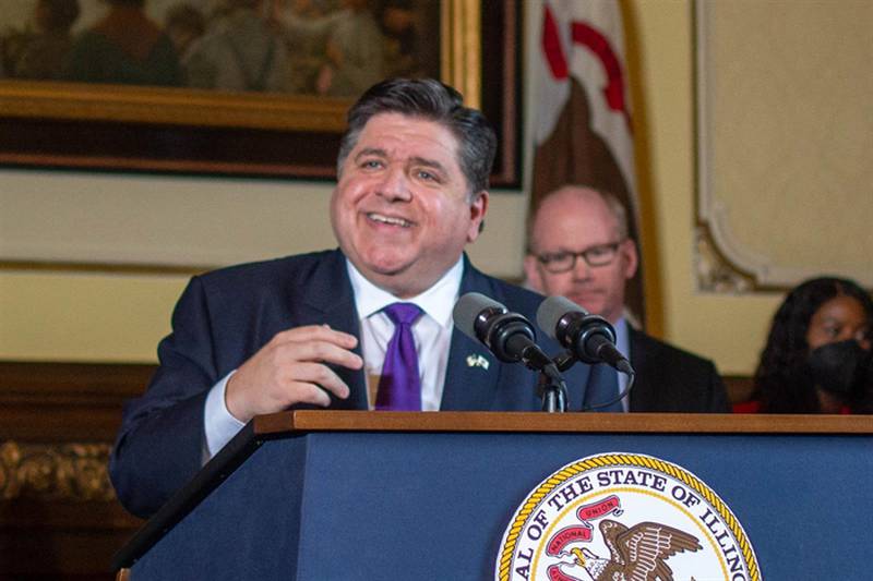 Gov. JB Pritzker is pictured in his Capitol office in April.