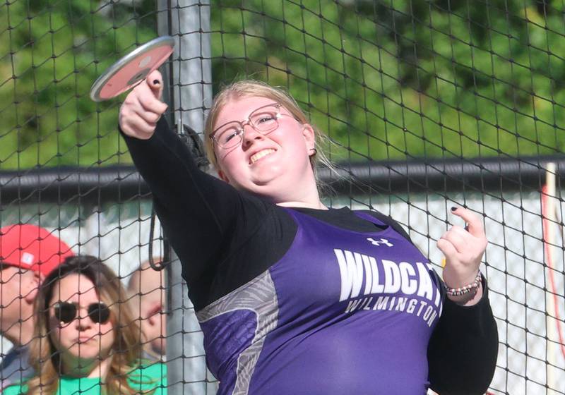 Wilmington's Sophia Albright throws discus during the Class 1A Sectional meet on Thursday, May 14, 2026 at Seneca High School.