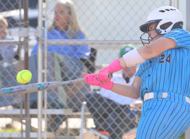 Marquette's Lily Brewer gets a hit against Seneca on Monday, May 11, 2026 at June Gross Field in Ottawa.