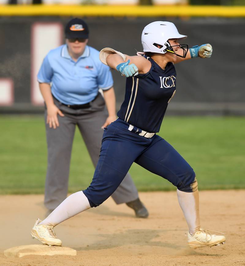 IC Catholic Prep’s Kelly Cahill celebrates her double in the top of the seventh inning during the Class 2A Benedictine University softball supersectional against North Boone on Monday, June 2, 2025 in Lisle.