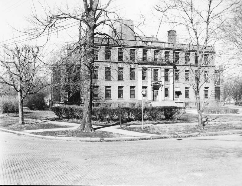 Glidden Hospital, also known as DeKalb Public Hospital, looking west First and Bush Streets in DeKalb, 1951.
