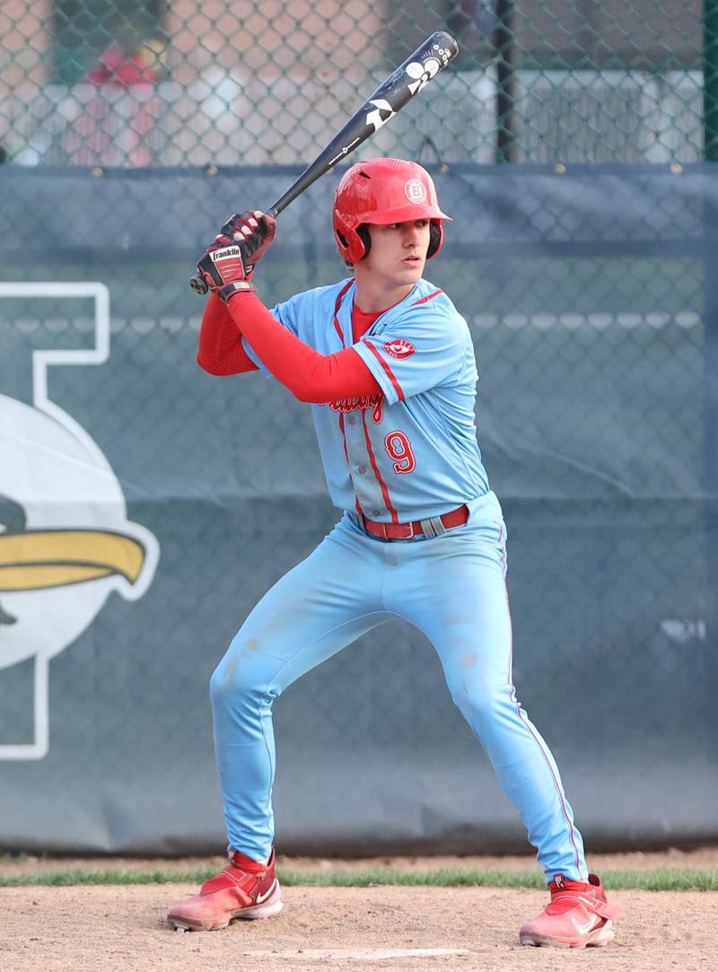 Benet's Lucas Lawler (9) stands in at bat during the varsity baseball game between Benet Academy and Nazareth Academy in La Grange Park on Monday, April 24, 2023.