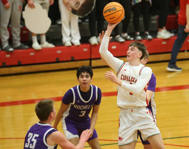 L-P's John Sowers lets go of a shot over Rochelle's Eli Schweitzer on Friday, Feb. 13, 2026 in Sellett Gymnasium at L-P High School.