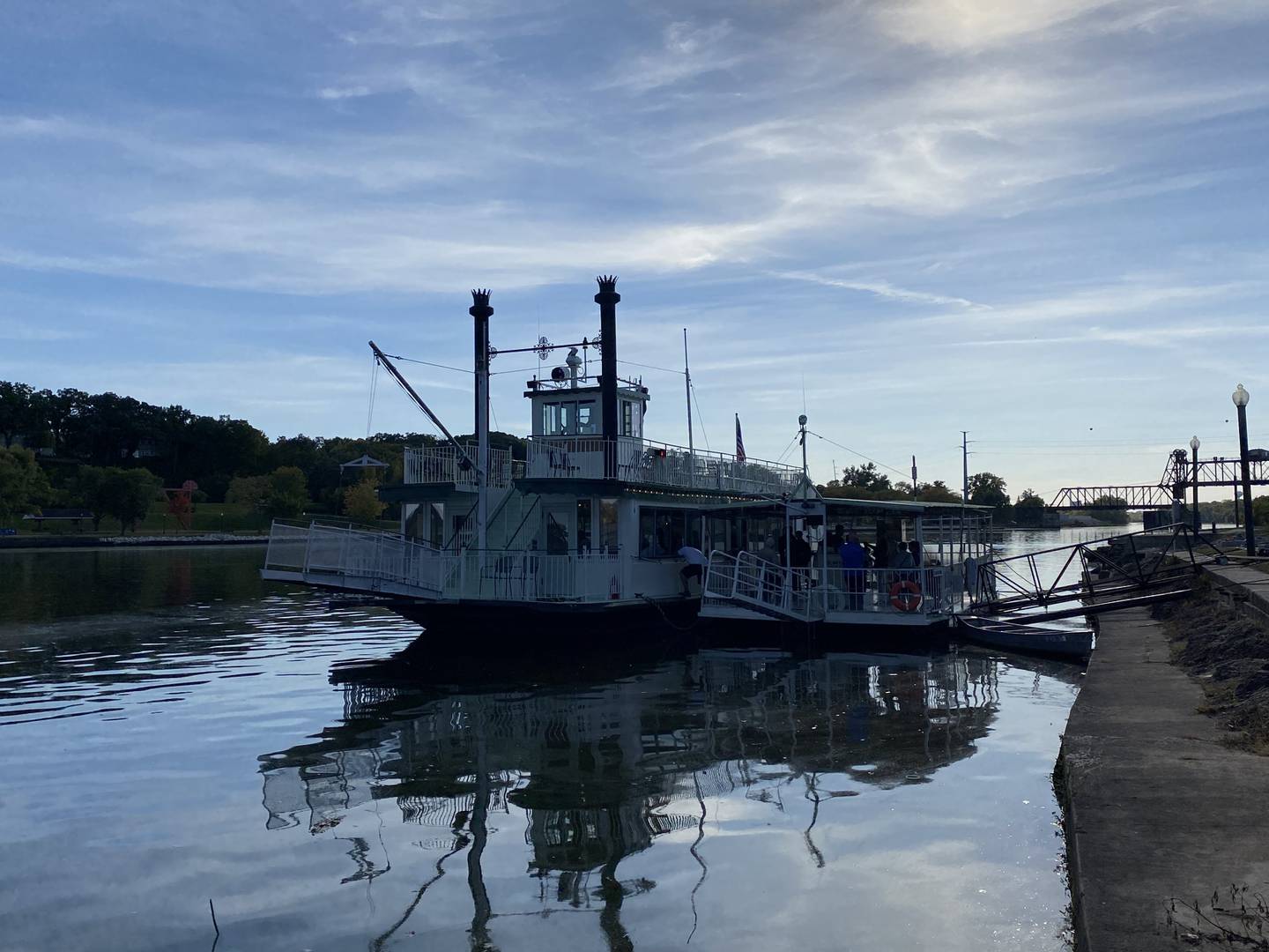 The Sainte Genevieve Riverboat floating on the Illinois River south of the Jordan block stage in Ottawa.