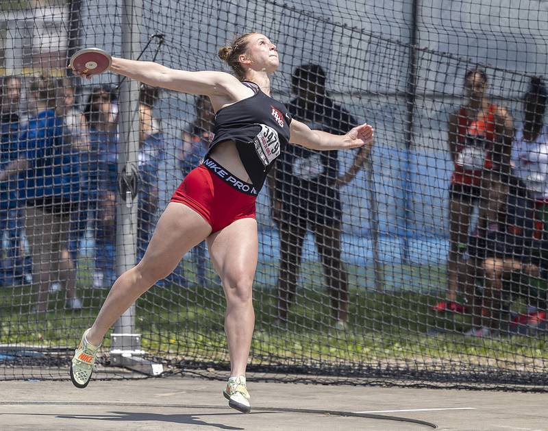 Huntley’s Sienna Robertson throws the discus in the 3A event Saturday, May 20, 2023 during the IHSA state track and field finals at Eastern Illinois University in Charleston.