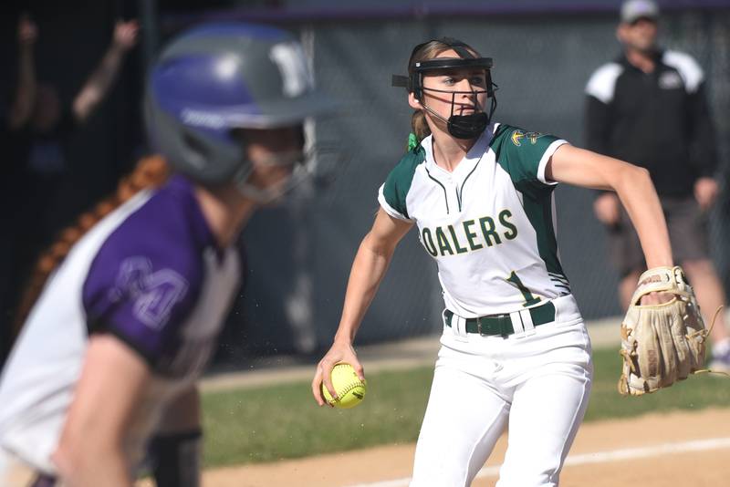 Coal City's Rileigh Eddy throws to first base during the Class 2A Manteno Regional semifinals against Manteno Wednesday, may 20, 2026.