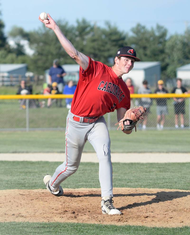 Forreston's Brendan Greenfield delivers a pitch against Lena-Winslow at the 1A Forreston Sectional on Wednesday, May 22, 2024.