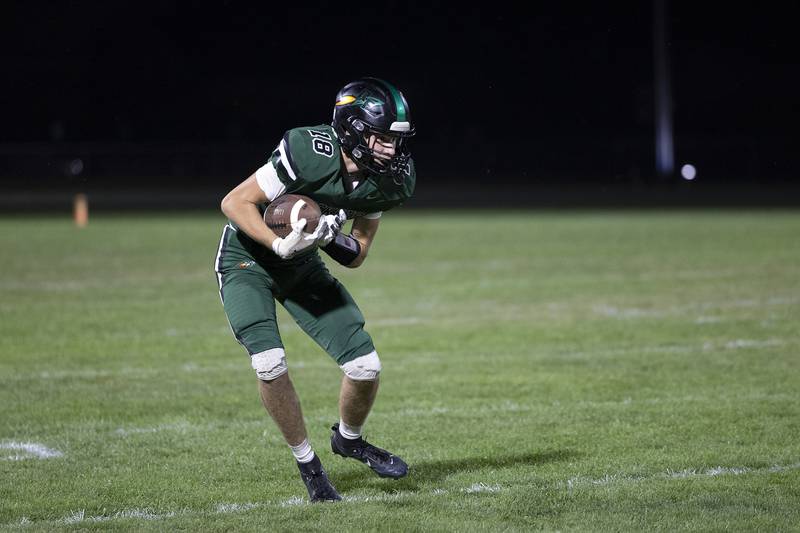 Rock Falls’ Owen Laws hauls in a pass against Rockford Lutheran Friday, Sept. 20, 2024, at Hinders Field in Rock Falls.