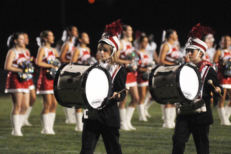 Percussionist Chloe Carmona marches off King Field before the Ottawa home football game against Sycamore on Friday, Sept. 26, 2025.