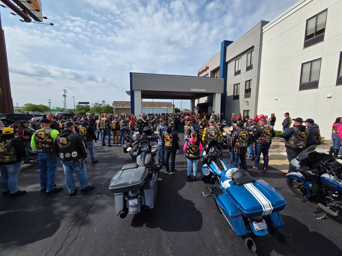 Riders with the Combat Veterans Motorcycle Association gather in the parking lot of the Hampton Inn in Ottawa on Saturday, May 24, 2025, preparing to depart on their Memorial Day weekend ride.