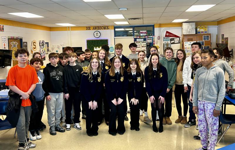 Members of Sterling High School's FFA chapter visit Challand Middle School students on Tuesday, Feb. 18, 2025.