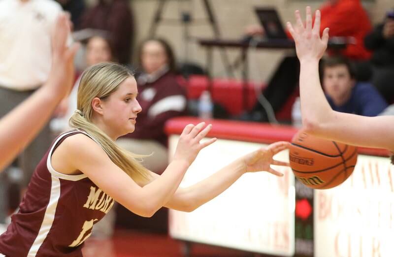 Morris's Alyssa Jepson looks to pass the ball against Princeton during the Lady Pirate Holiday Tournament on Wednesday, Dec. 20, 2023 in Kingman Gym.