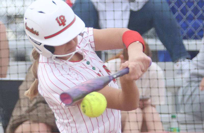 L-P's Kelsey Frederick gets a hit against Morton on Friday, March 20, 2026 at the L-P Athletic Complex in La Salle.
