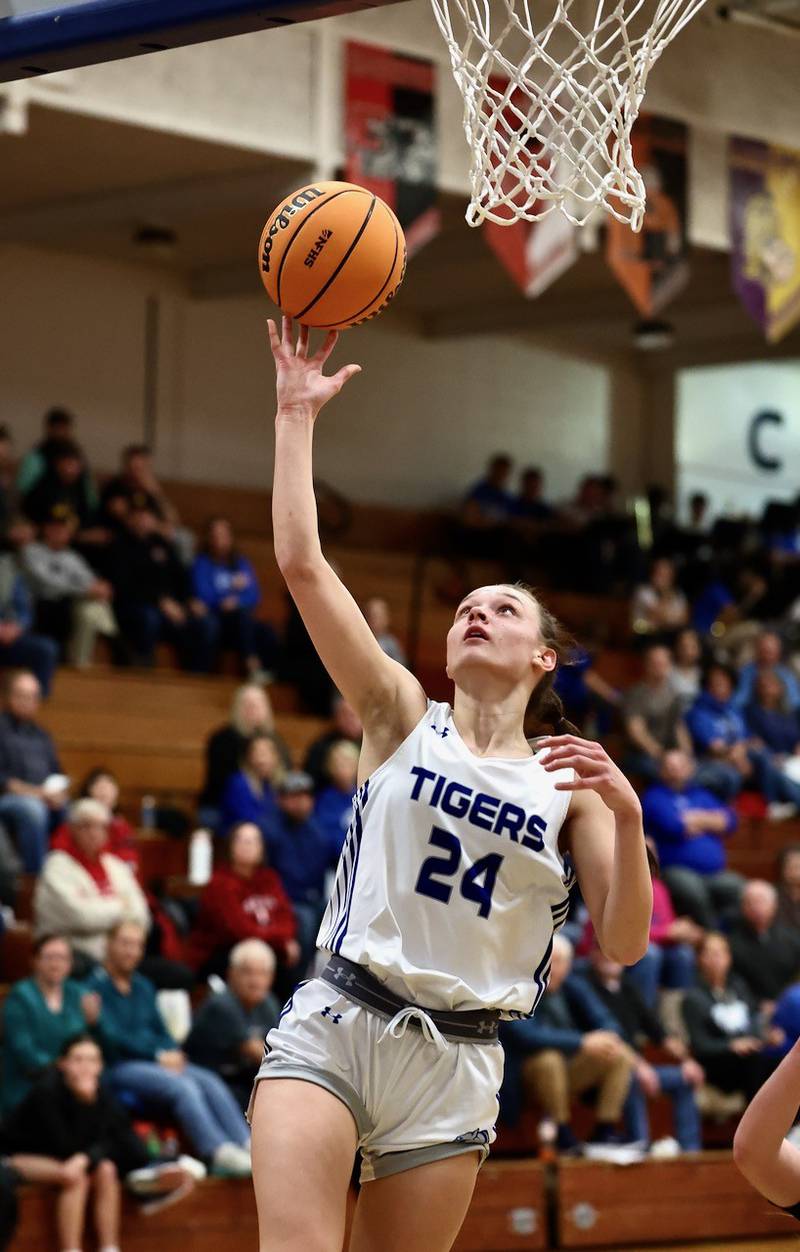 Princeton's Keighley Davis takes in a first-half layup in Tuesday's game at Prouty Gym against Hall. The Tigresses won 41-39.