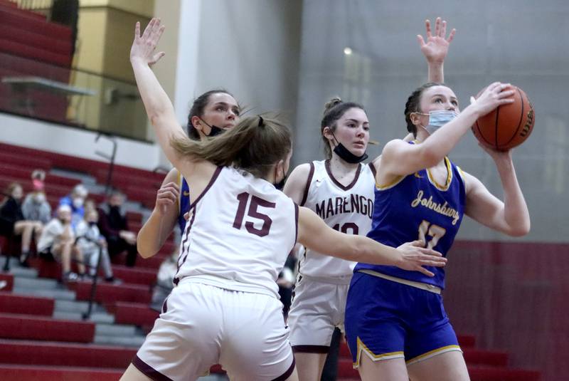 Johnsburg’s Bella Saxelby takes a shot during girls varsity basketball action in Marengo Thursday night.