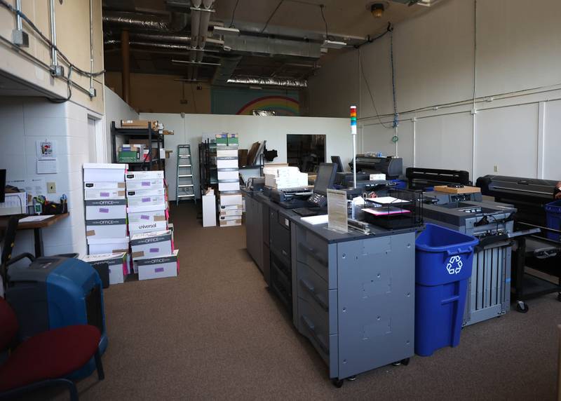 The old cafeteria/gymnasium is now used as the print room Tuesday, June 18, 2025, at the former Central School in Sycamore. The nearly century old building currently houses the district offices but will soon be for sale. The district is hosting an open house at the building Saturday, June 21.